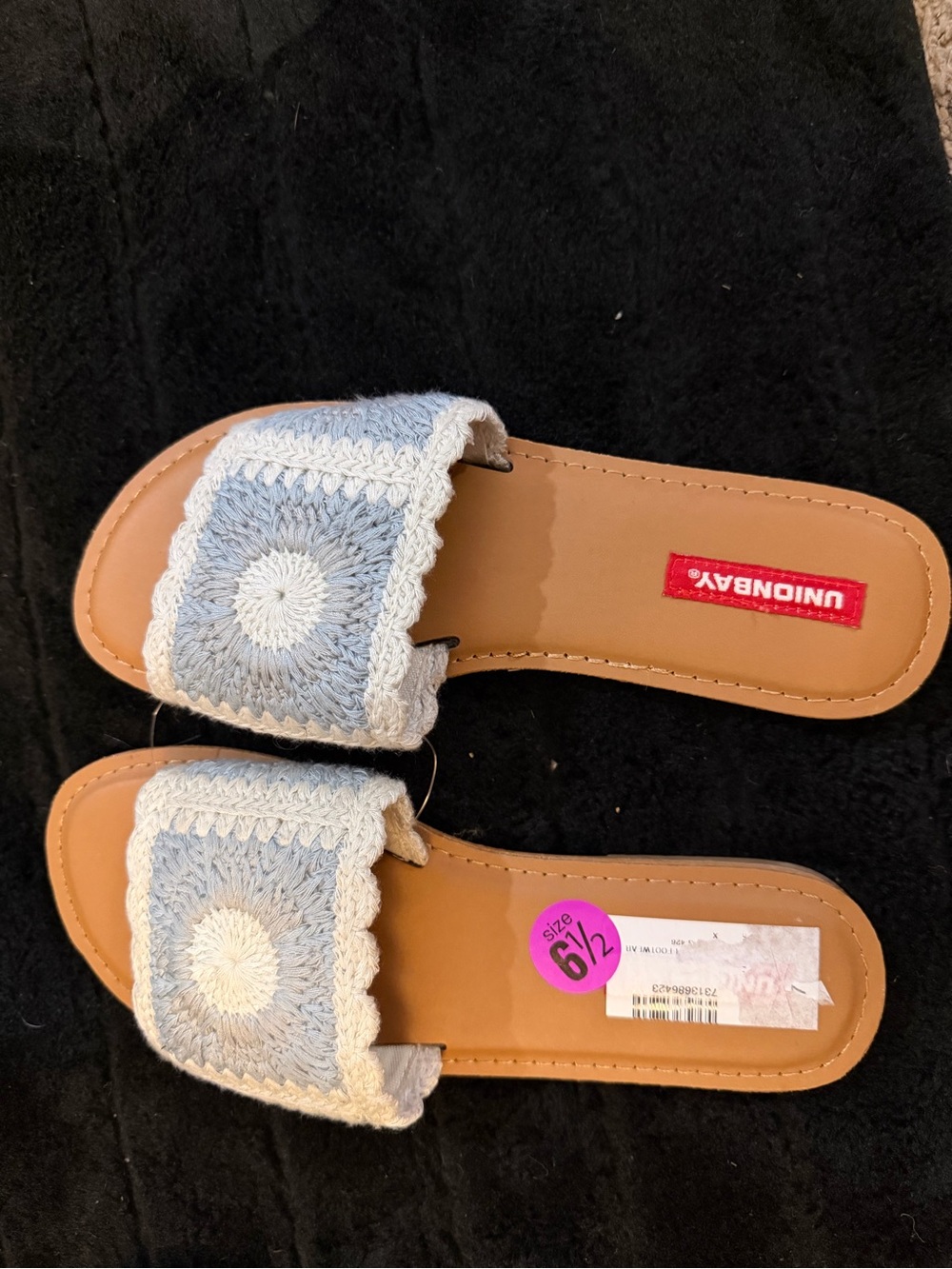 UNIONBAY Light Blue and Cream Crochet Slide Sandals